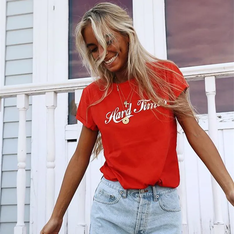 

2019 New Fashion Summer Hard Times Tshirts for Women Letter Printed Red T Shirt harajuku female T-shirt Camisas dropshop xxl