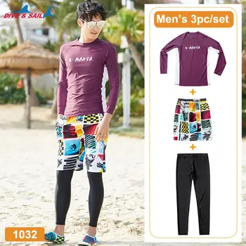

Men's Long Sleeve Rashguard Swimsuit UPF 50+ Shirt Swimwear Top & Bottom 3 piece set Rash Guards Dive Skins Sun UV Protection