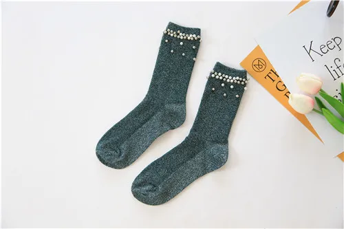 Dark green Женские зимние весенние модные перламутровые носки с бисером женские сверкающие носки осень-зима для девочек блестящие Sox Teen Sokken женские носки - Цвет: Dark green