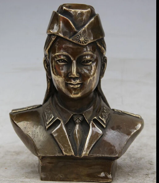 

JP S0524 7" Chinese Copper army belle female soldier armyman soldiery Head Bust Statue B0403