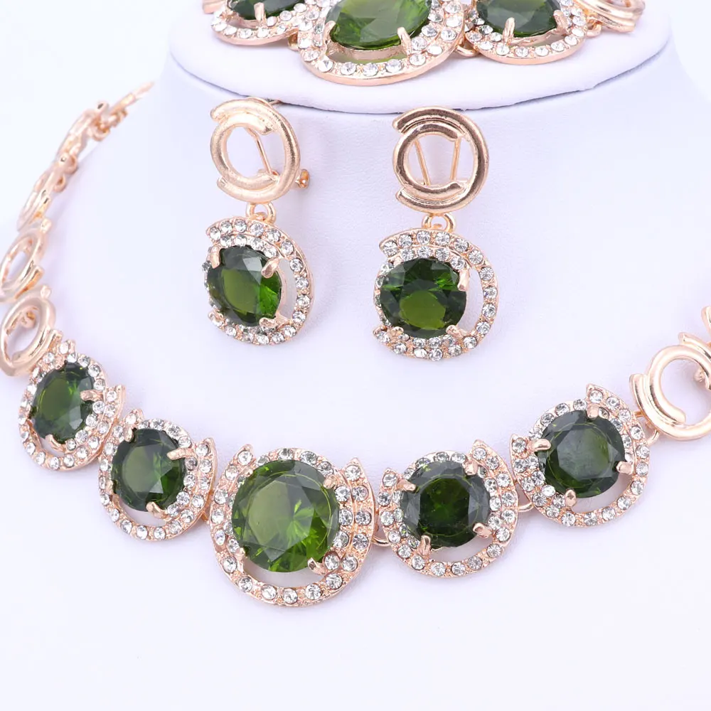 Итальянский дизайн золотого цвета ювелирное ожерелье с кристаллом зеленого цвета браслет серьги кольцо Ювелирные наборы женские вечерние ювелирные изделия