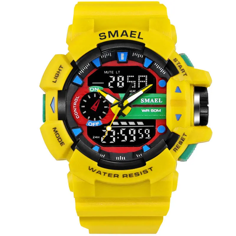 SMEAL цифровые наручные часы водонепроницаемые мужские светодиодный светильник модные повседневные часы с двойным временем Chronograph1436 часы мужские спортивные часы с будильником - Цвет: Yellow