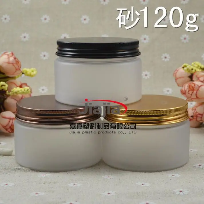 

Free shipping: 120g Aluminum Cap clear Frost Jar PET Cosmetic Packaging Cream Container with black/gold/bronze cover, thick base