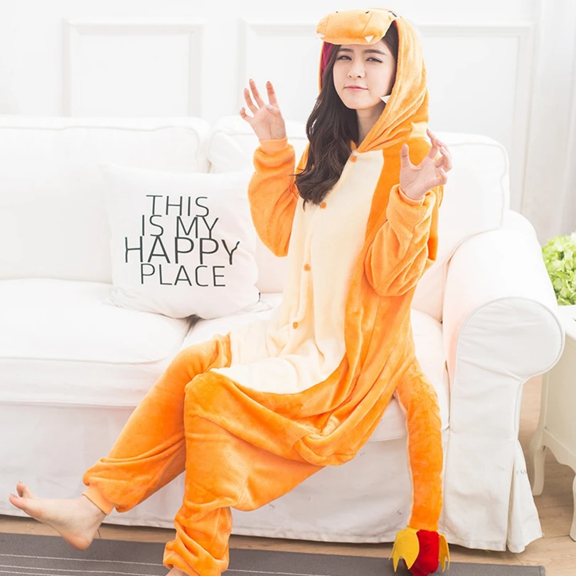 

Animals Kigurumi Charmander Dinosaur Costume Adult kids Onesie Flannel Halloween Women Anime Jumpsuit Disguise Onepiece Suit