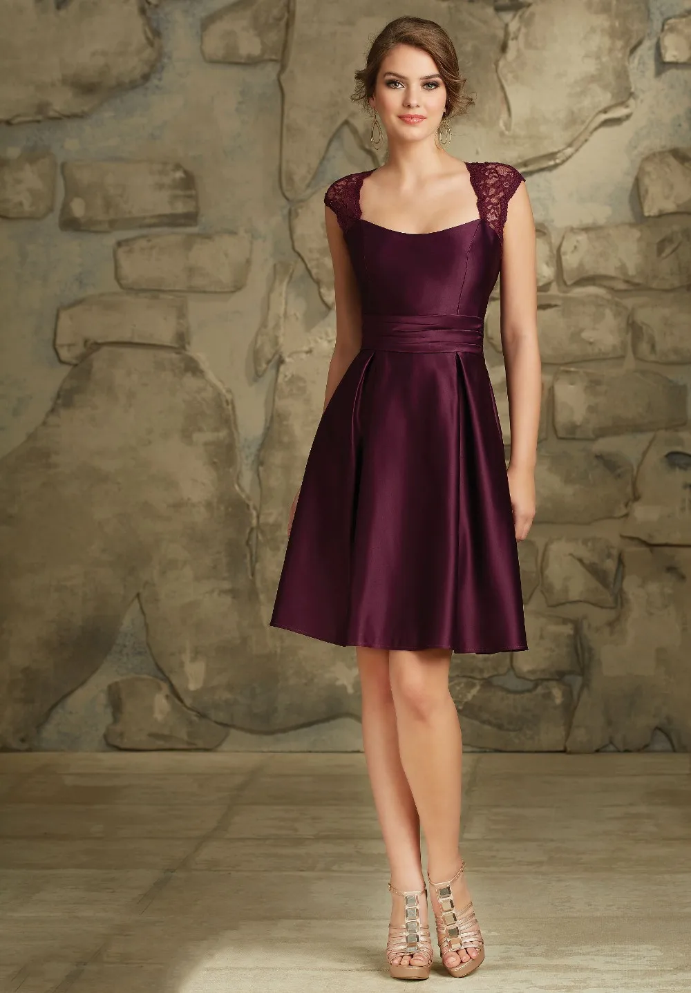 Burgundy A Line Satin Lace Wedding Party Dress with Cap