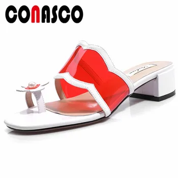 

CONASCO Prom Party Summer Sweet Sandals Women Genuine Leather Square High Heels Flower Elegant Herringbone Sandals Shoes Woman