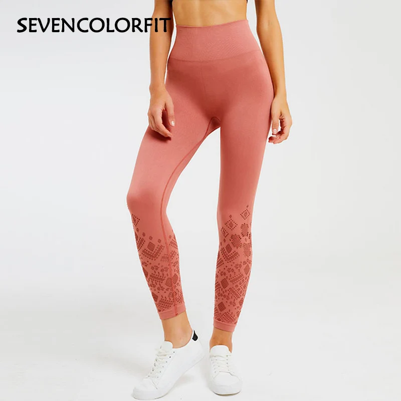 

Sevencolorfit Women Seamless Leggings High Waisted 2019 Red Pink Black Mesh Hollow Out Sexy Gym Sport Fitness Tights Long Pants