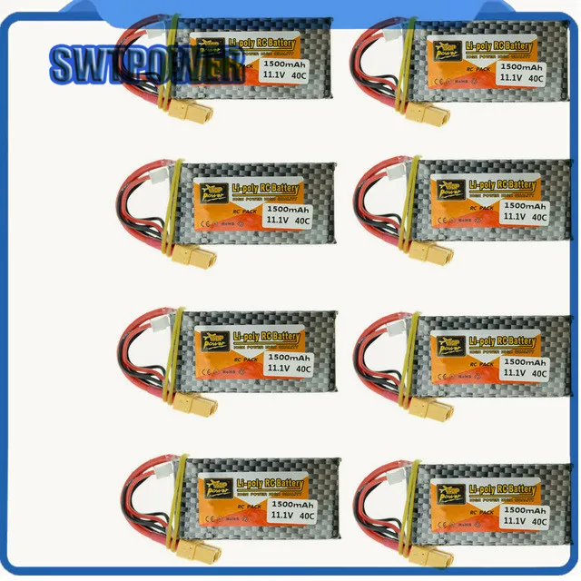 

Zop 8pcs/lot Lipo Battery 11.1V 1500Mah 3S 40C Max 60C XT60/T Plug For RC Quadcopter Helicopter WLtoys V950