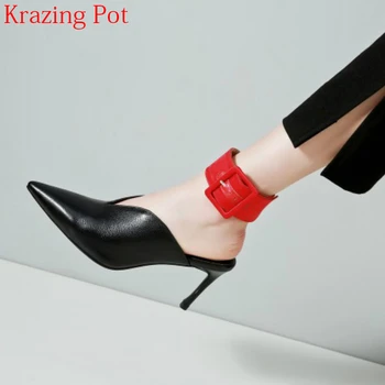 

2019 New Arrival Cow Leather Brand Summer Shoes High Heels Slingbacks Mules Shallow Slip on Wedding Party Buckle Women Pumps L32