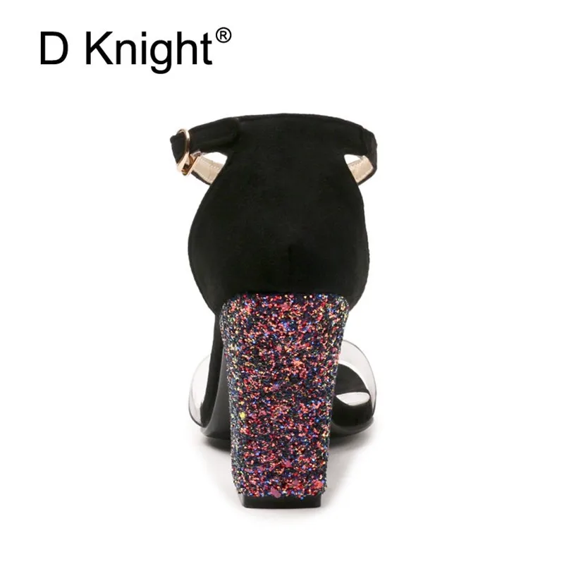 Big Size 52 Women Open Toe Strappy Ankle Strap Yellow Black Sandals Bling Transparent Clear Block Thick High Heel Sequined Shoes (19)