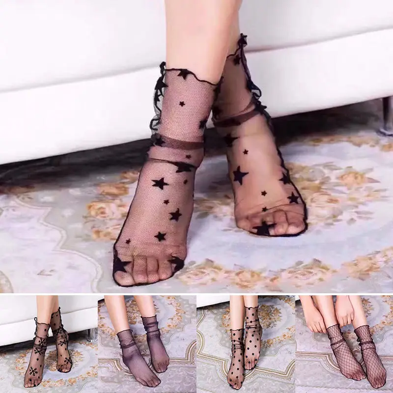 

Women Transparent Lace Ultrathin Ankle Socks Sheer Mesh Ankle Hosiery Glitter Star Fishnet Socks