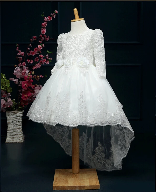 Autumn Girls Dress Long Sleeve Lace Mesh Princess Flower Girl Dress White