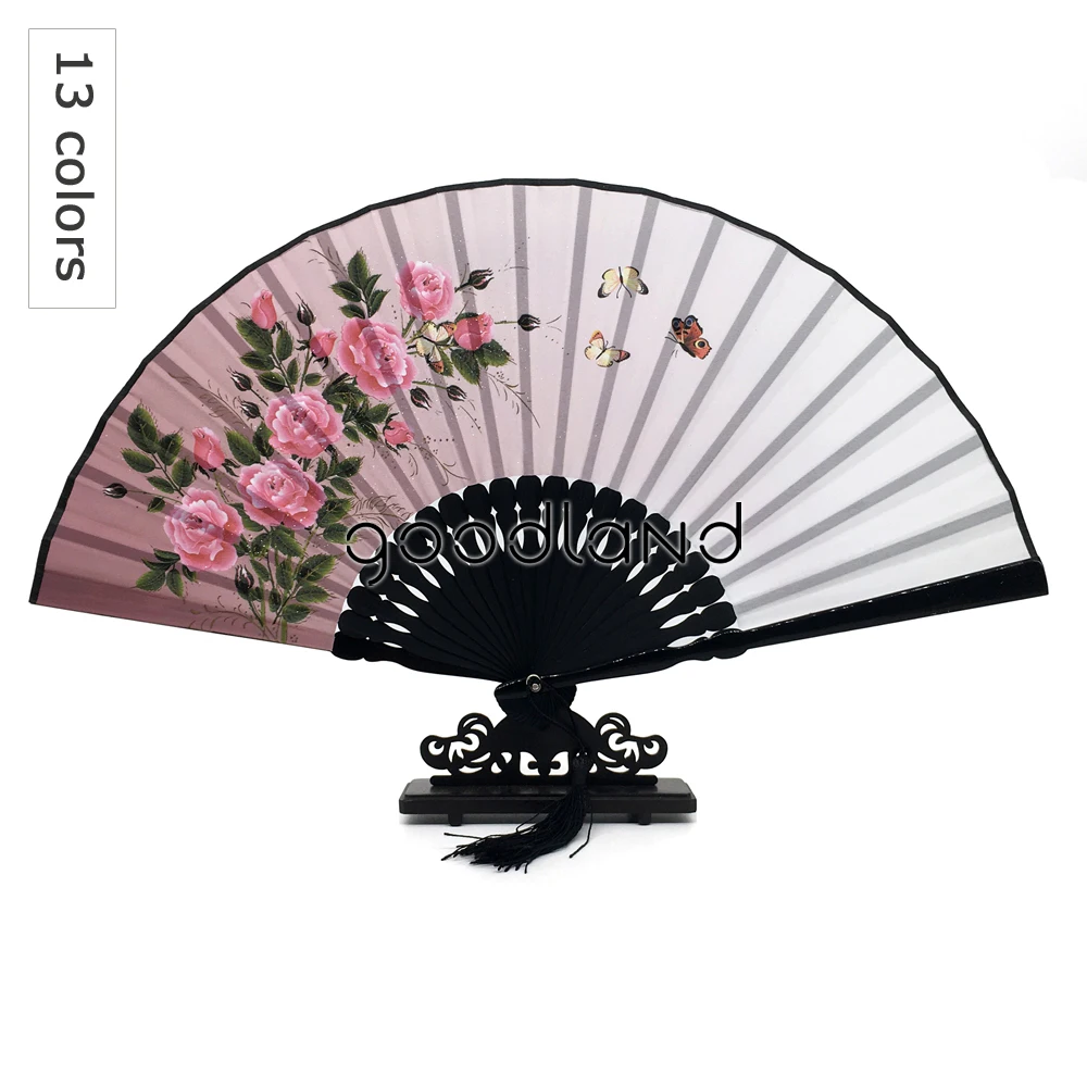 

Free Shipping 1pcs Silk Damask Bamboo Flower Printing 23cm*42cm Big High Quality Hand Fan Christmas Decor Christmas Gifts