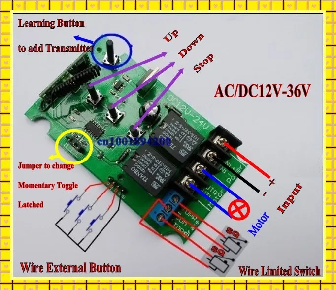 Motor Remote Control Switch AC DC 12V 24V 36V 2CH Motor Up Down Stop Forwards Receiver Wireless Switch ASK Learning Functional