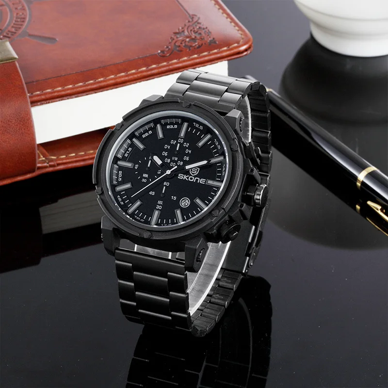 SKONE дизайн золотые черные часы Мужские люксовый бренд Хронограф Календарь Кварцевые часы бизнес мужские часы наручные часы