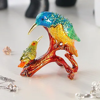 

H&D Kingfishers Birds Trinket Box Metal Enameled Figurine Wedding Jewelry Ring Holder Organizer Living Room Decor Christmas Gift