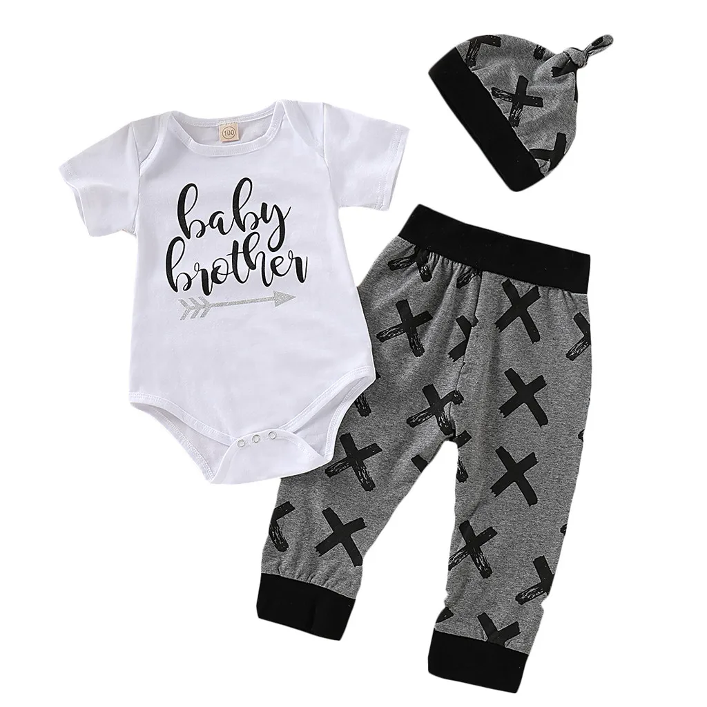 

Summer O-neck Short Sleeve Cotton Cool Baby Outfit For Boy Fashion Letter Clothes + Cross Print Pants And Hat Baby Clothes Set