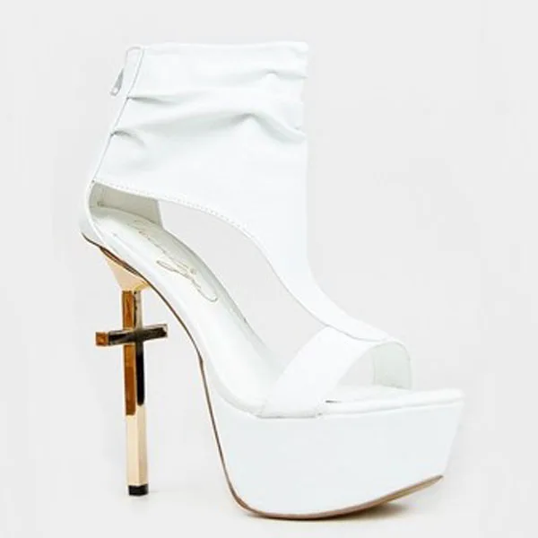 

New Arrival Gold Cross Shape Metal Heel Pumps Multi-Color Peep Toe Platform Colorized T-tie Zipper Hallow Out Sitletto Heels