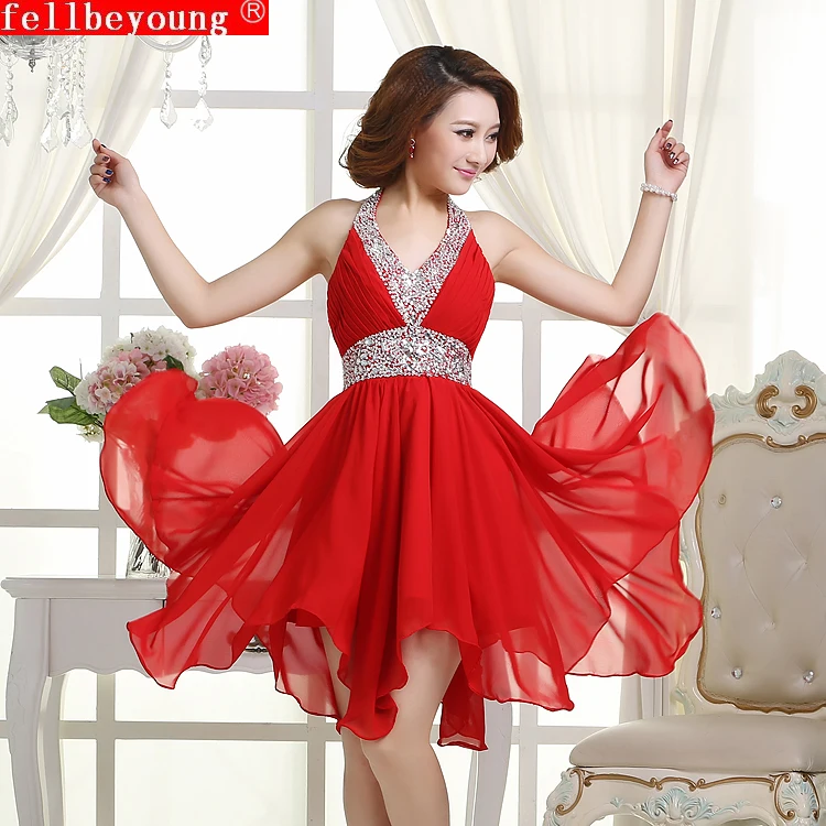 2015 fashion Wholesale Short Knee Length red Beaded Sequins Halter