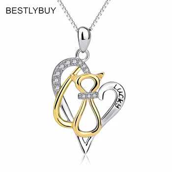 

BESTBUY Real 925 Sterling Silver Necklace Cute Animal Cat Love Heart Pendant Necklace For Women Girls Jewelry Necklace