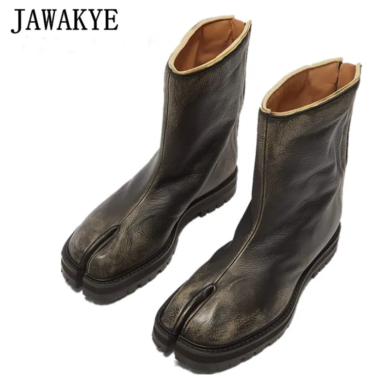 

Old Made Bronze Split Toe Ankle Boots for Women Genuine Leather Flat Short Boots 2019 Autumn New Arrive Back Zip Western Boots