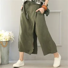 

BUYKUD 2018 Summer Women Top Quality Wide Leg Pants Irregular Calf-Length Green Casual Loose Solid Trousers With Pockets
