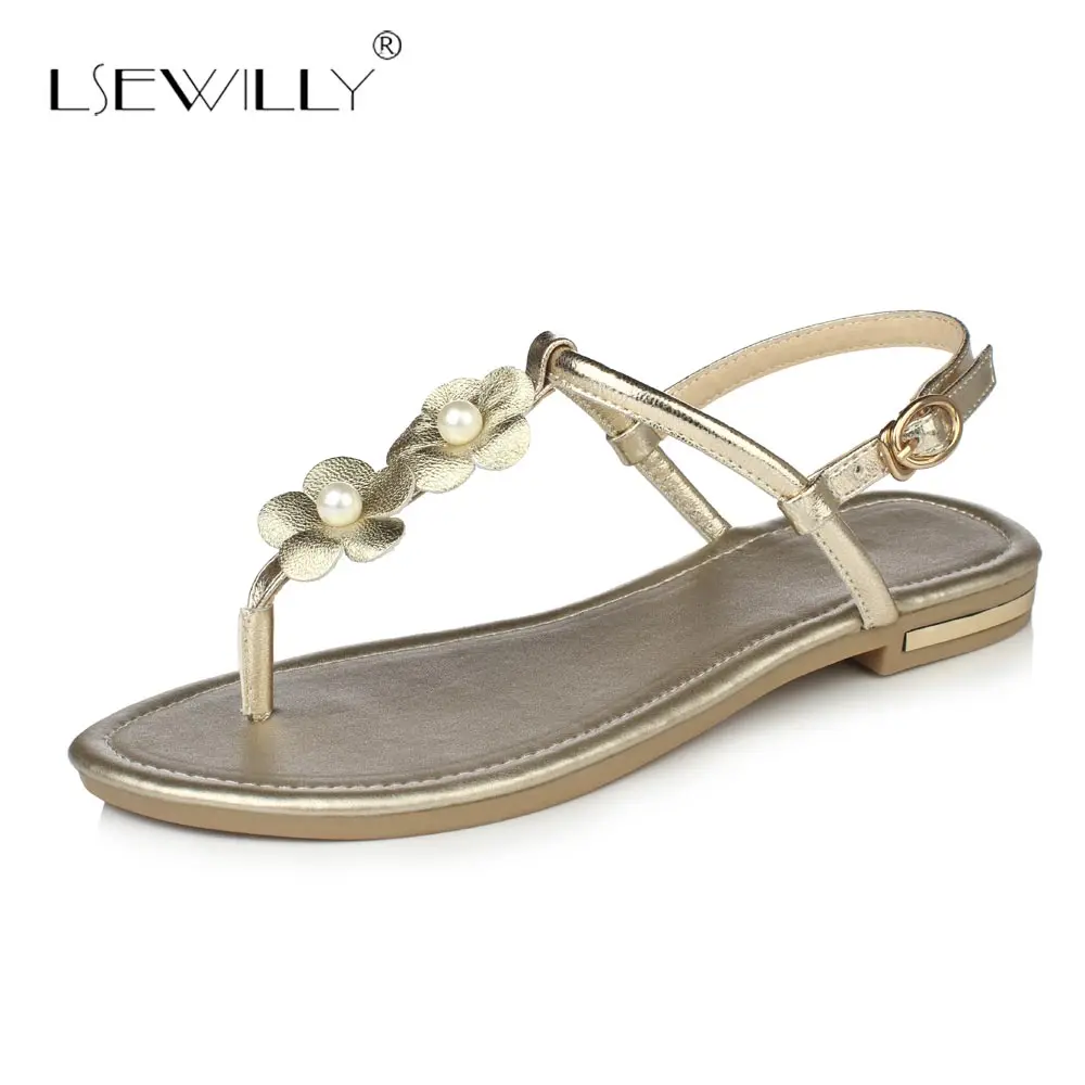 

Lsewilly Summer Cow Leather Flat Heels Women Sandals T-straps Sweet Flower Peep Toe Shoes Student Date Beach Casual Shoes S278