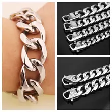 13/15/17/19 мм широкий(гладкая/с пряжкой-бабочкой) Серебро кубинский панцирного плетения цепи Нержавеющая сталь Прохладный Для мужчин браслет 7-11 дюймов нестандартных размеров