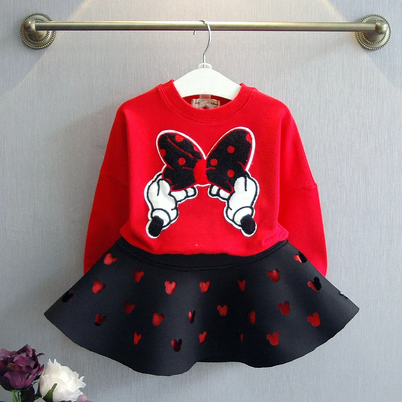 

two piece set 2019 children bowknot kids cartoon mickey mous hoodie + skirt girls outfit minnie sweatshirt hollow out miki Y9012