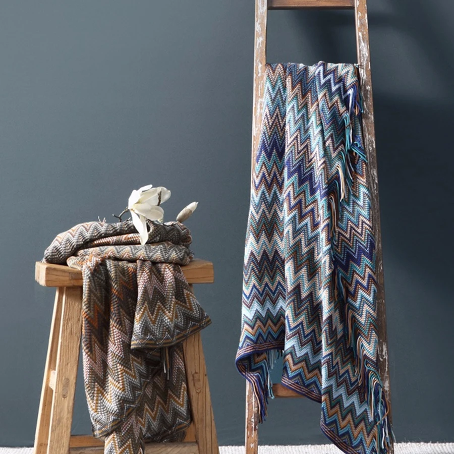 Hippies Style Knitted Throw Blanket With Decorative Fringe and Striped