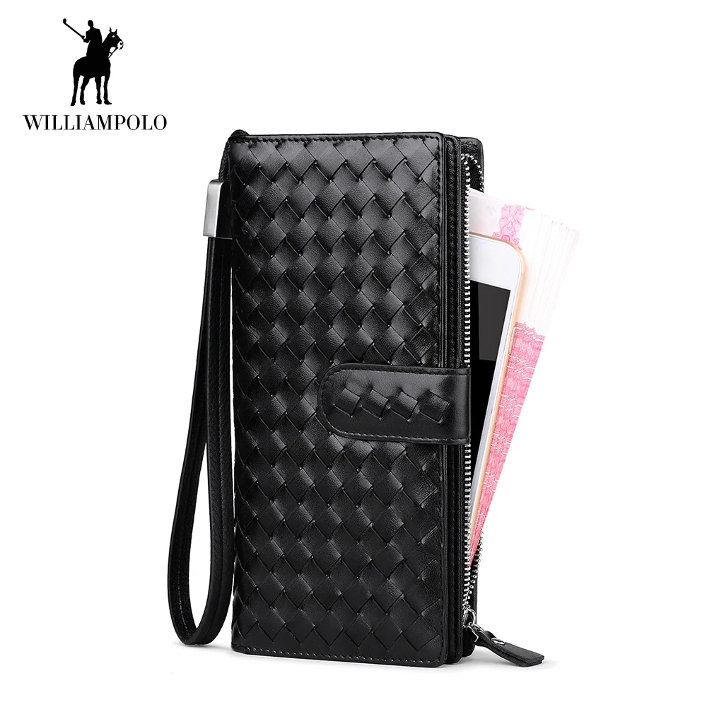 

WilliamPOLO Wallets Genuine Leather Woven Pattern Clutch Cards Pouch Handcraft Wristlet Cowhide Fashion Huge Capacity