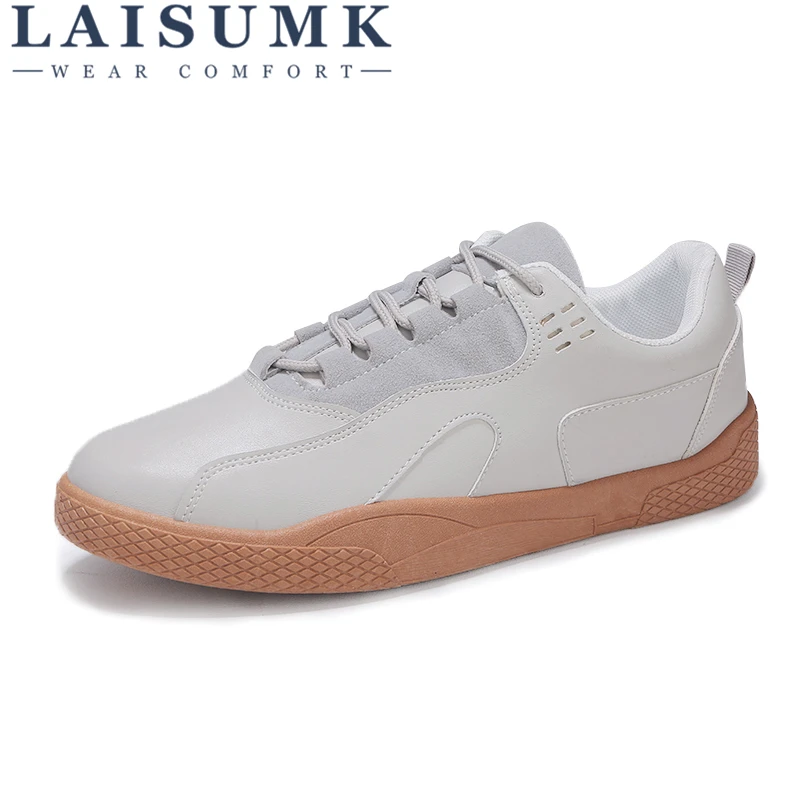 

LAISUMK Autumn High Quality Leather Casual Solid Color Shoes Men's Lightweight Breathable Shoes Lace Up Flats Outdoor For Man