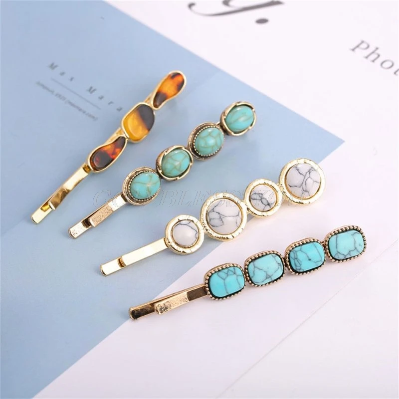 Vintage Palace Style Jewelry Metal Alloy Hairpins Ladies Women Imitation Marble Textured Hair Clips Geometric Styling Barrettes