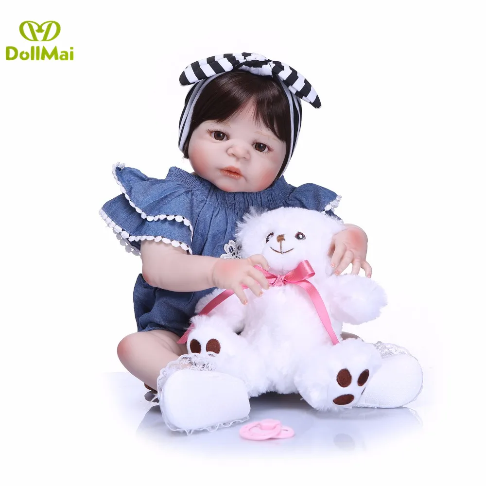 

Baby reborn bonecas 23"57cm full vinyl silicone reborn baby girl doll with bear plush can bathe bebe alive reborn