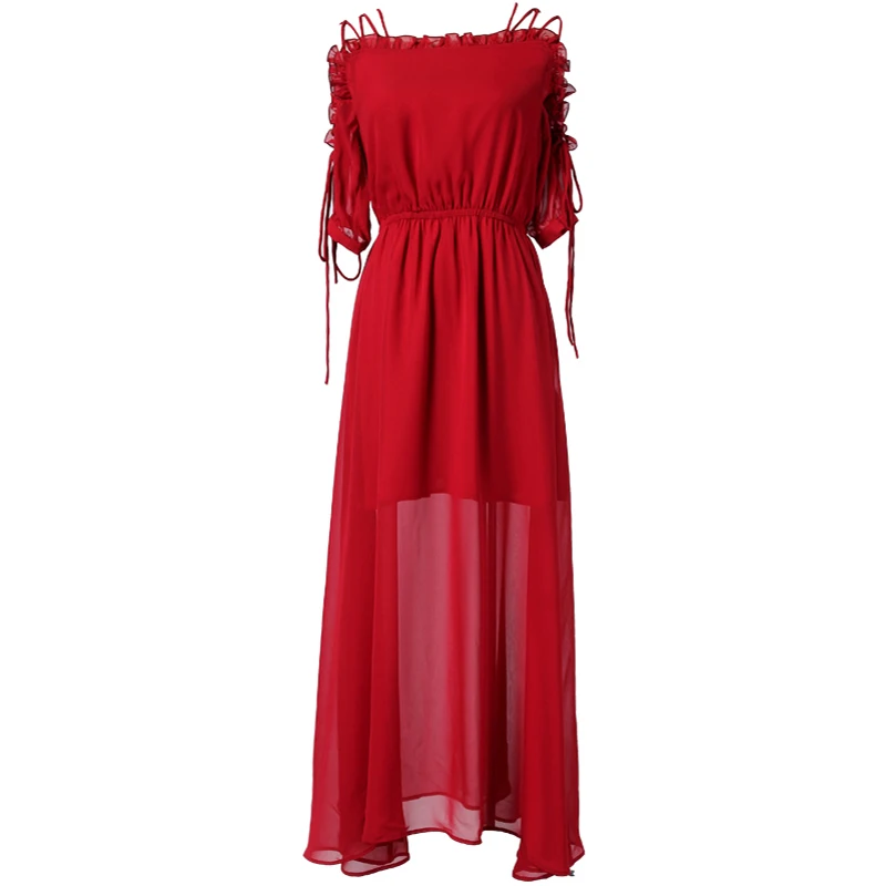 PERHAPS U pink red black chiffon ruffle lace up short half sleeve maxi