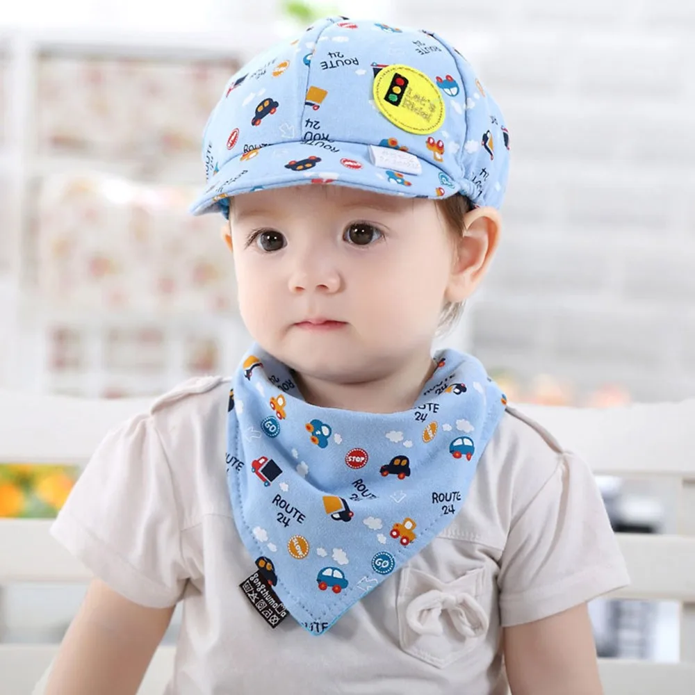 

2PCS Baby Toddler Boys Girls Cartoon Hat Cotton + Infant Pinafore for babies Scarf boys Girls Set Outfit baby bib burp Cloths