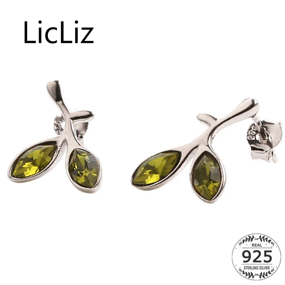 

LicLiz 2019 New 925 Sterling Silver Leaf Stud Earrings for Women Green CZ Crystal Stud Earring White Gold Zircons Jewelry LE0519