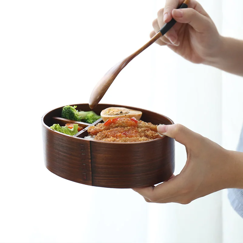 

New Wood Lunch Box Japanese Handmade Sushi Bento LunchBox with Divider Portable Food Container Tableware Dinnerware Set-Z0082