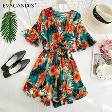 Цветочный короткий женский комбинезон с v-образным вырезом, сексуальный богемный пляжный Летний комбинезон с рюшами, Корейская туника с принтом, комбинезон размера плюс, женский комбинезон в богемном стиле
