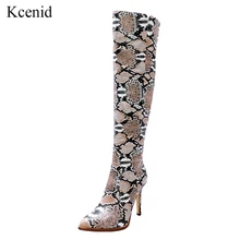 Kcenid/Большие размеры 34-42, зимние сапоги с принтом змеиной кожи женская обувь пикантные модные женские сапоги до колена с острым носком на высоком каблуке, на молнии