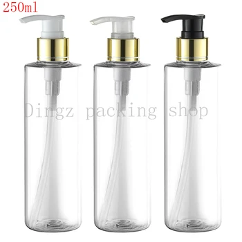 

40X250ml empty clear cosmetic body lotion container with aluminum pump gold lotion shampoo bottle cosmetic packaging container