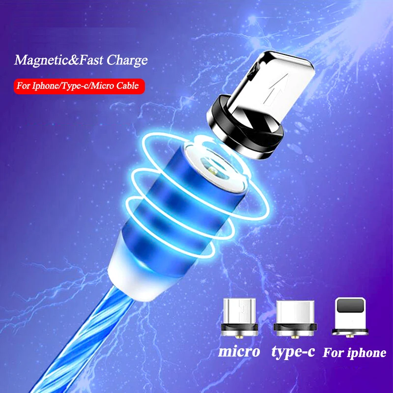 

Magnetic Flow Luminous LED Light Micro USB Charger Cable For iPhone Xs Max Micro Type C Charge A50 A70 P30 Cord Fast Charging