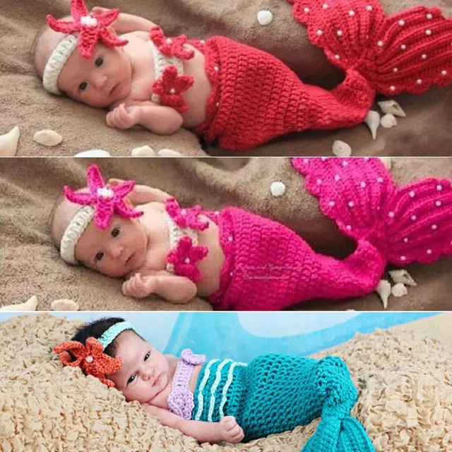 Feito à mão do bebê infantil sereia malha de algodão roupas de crochê  fotografia adereços e figurinos recém-nascido roupas de arte Set -  AliExpress