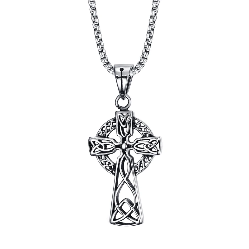 

Men Celtics Holy Cross Pendant Necklace in Silver Color Stainless Steel Vintage Scottish Wales kolye collane Male Jewelry 24inch