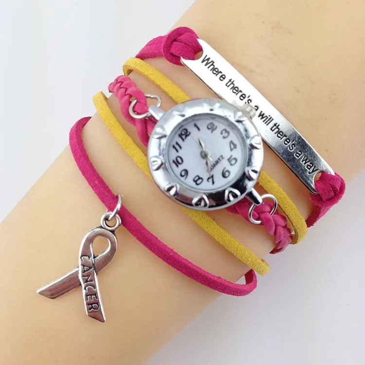 

Free shipping. Wholesale jewelry Breast Cancer Awareness rose color multi woven ribbon charm Watch Bracelet