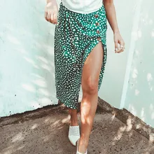 Женская юбка с высокой талией, миди юбки с разрезом, леопардовая расцветка в горошек, модные сексуальные шикарные юбки в стиле бохо, новинка, jupe femme