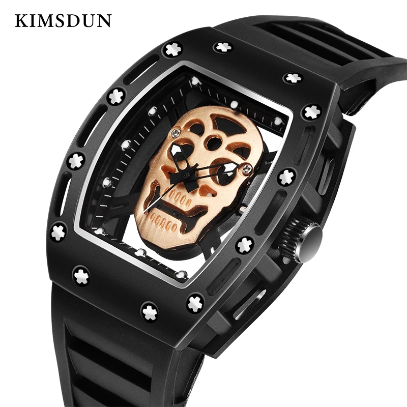 

Fashion Tonneau Skeleton Watch Men Hollow Waterproof Skull Watch Male Quartz Silicone Wrist Watch Men Clock erkek kol saati