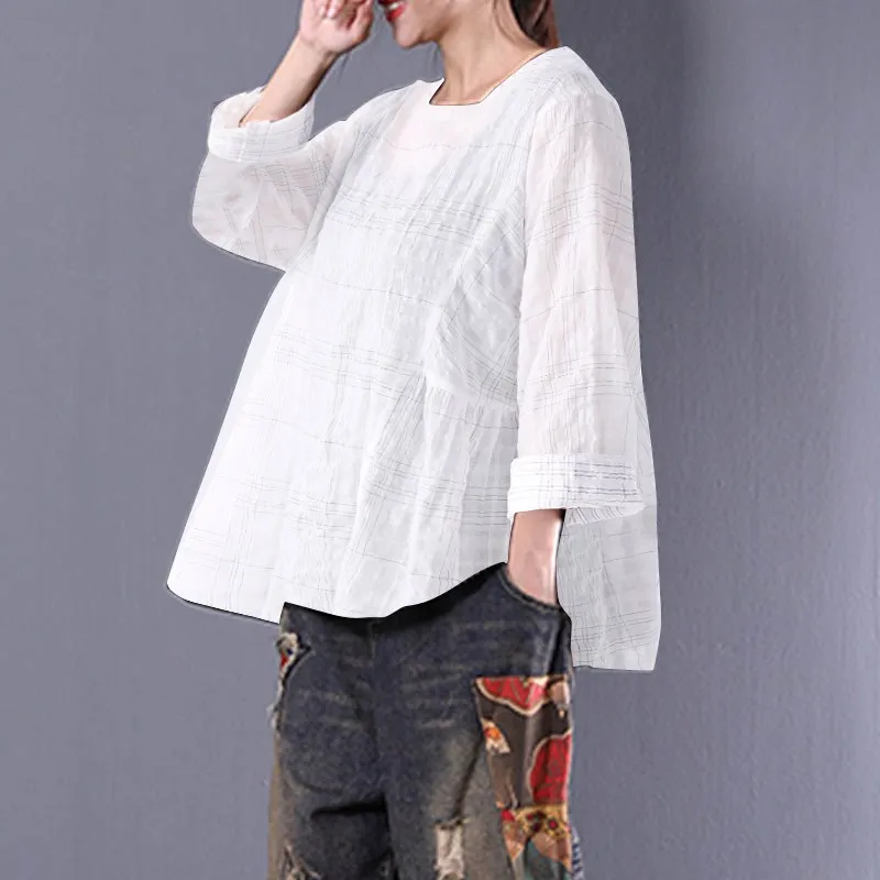 Achat ZANZEA Femme Col rond Lâche À Manches Longues Tops 2018 Surdimensionnée Printemps Casual Dames Baggy À Carreaux Coton Lin Chemises Pull