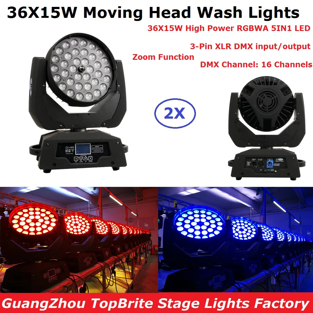 

2Pcs/Lot LED Zoom Wash Moving Head Lights 36X15W RGBWA 5 Colors DMX Stage Lights LED Moving Head Wash Lights Good For Dj Discos
