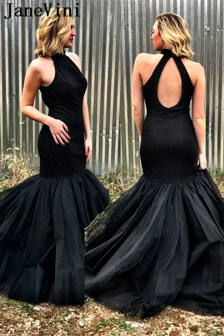 

JaneVini Sexy Plus Size Long African Black Mermaid Prom Dresses High Neck Beading Backless Tulle Floor Length Formal Prom Gowns